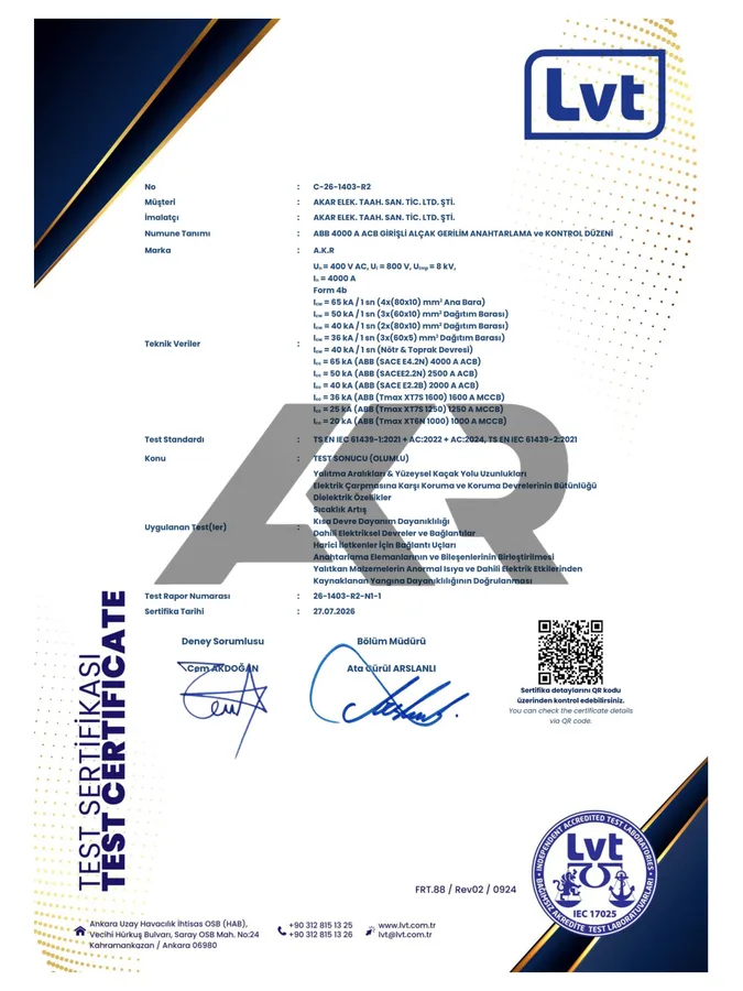 TS EN IEC 61439 Alçak Gerilim Pano Test Sertifikası - 4000 A ön izlemesi